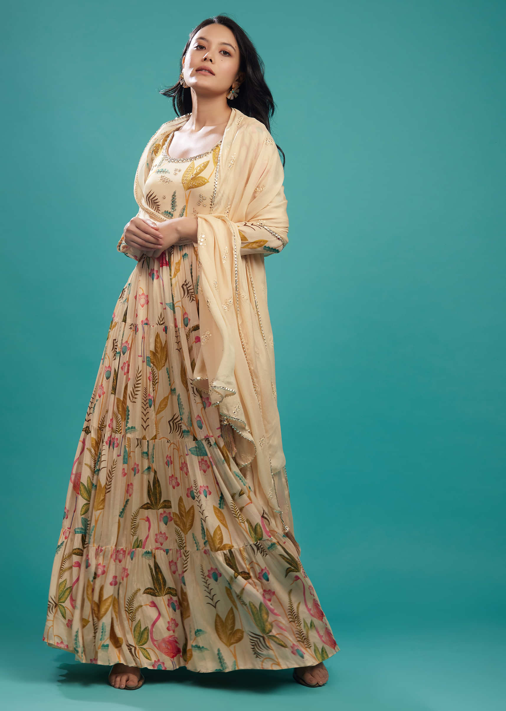 Champagne Brown Chinon Tiered Floral Anarkali SuitC