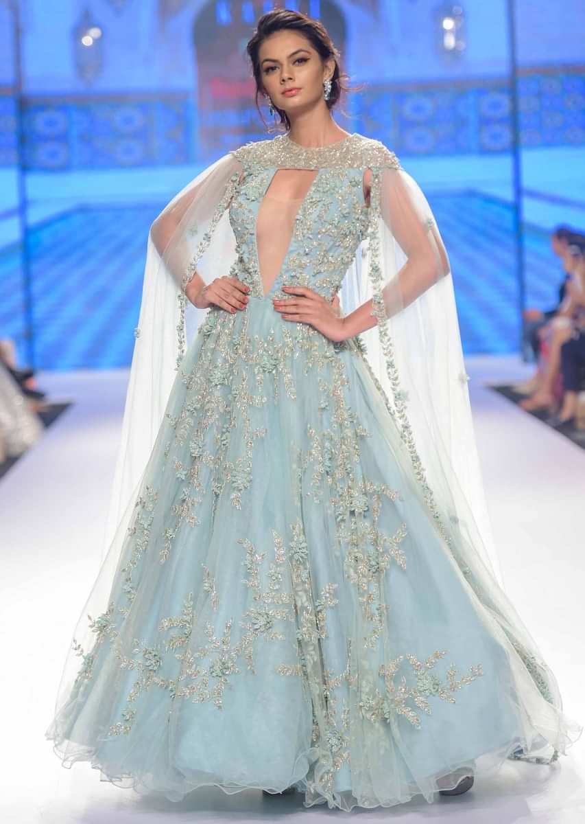 Aviary Blue Flared Net Gown With Double Circular Pattern And Net Trail Online - Kalki Fashion