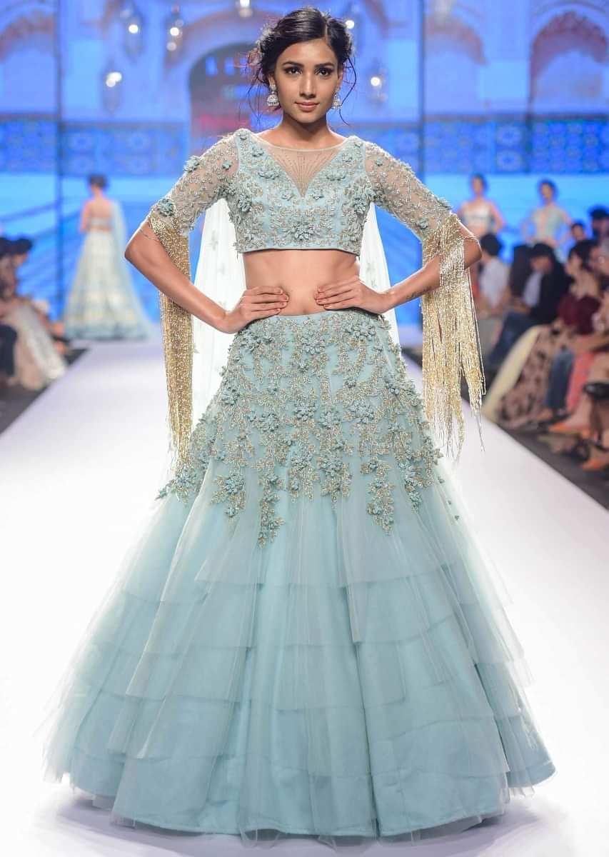 Aviary Blue Layered Lehenga Set In Net Adorned With 3 D Embroidered Flowers And Veils Online - Kalki Fashion