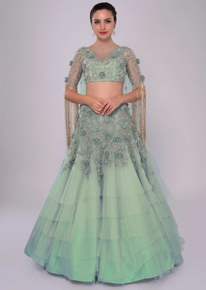 Aviary blue multi layered net lehenga set adorn with 3 D embroidered flowers