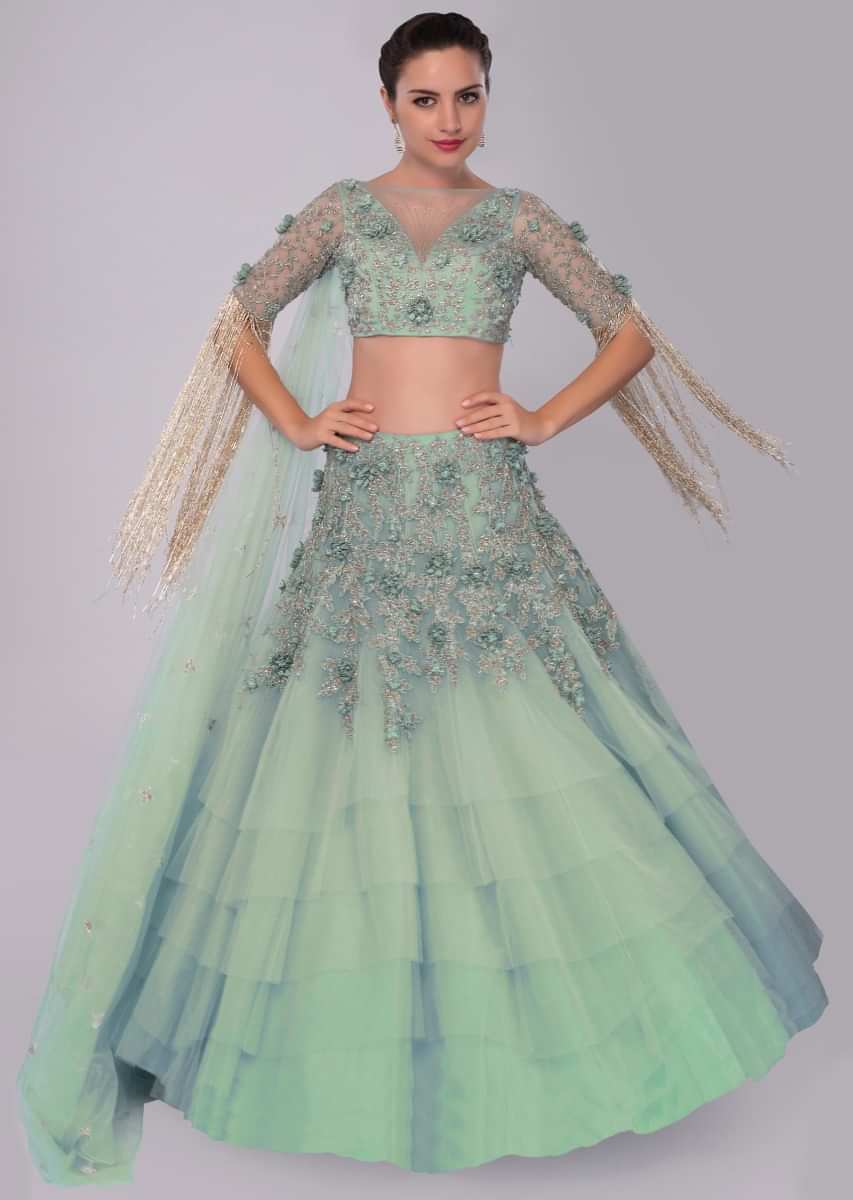 Aviary blue multi layered net lehenga set adorn with 3 D embroidered flowers
