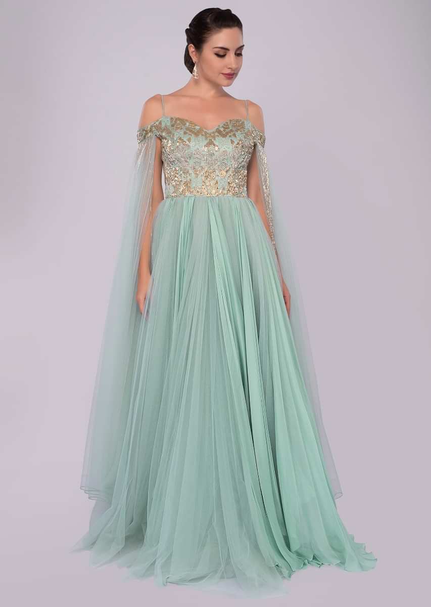 Aviary blue of shoulder gown with flared sleeves