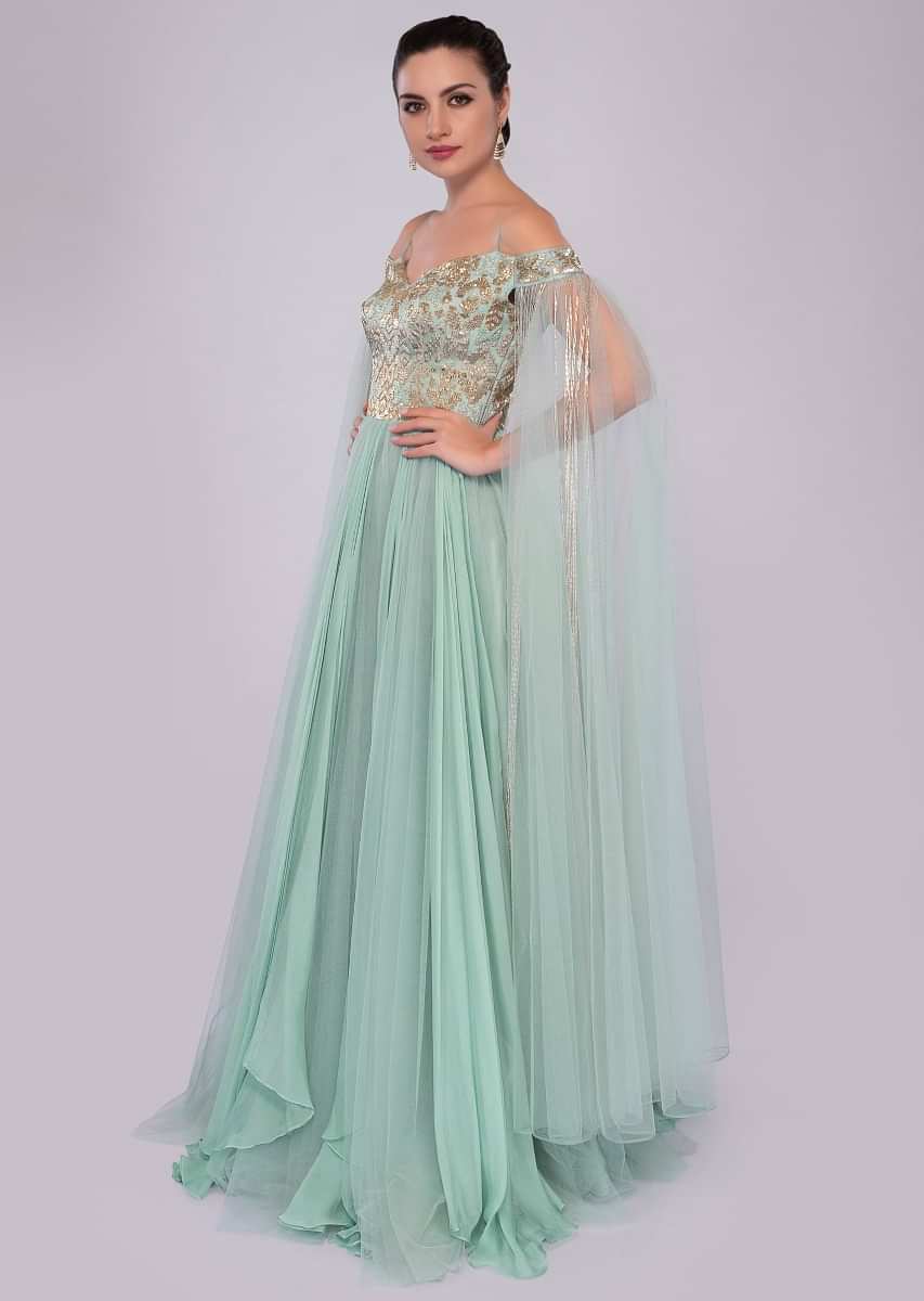 Aviary blue of shoulder gown with flared sleeves