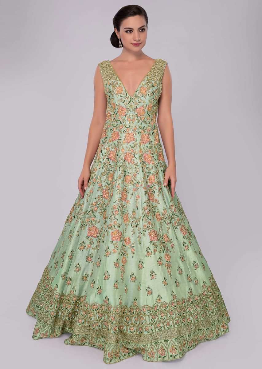 Aviary Blue Anarkali Dress In Floral , Moroccan And Geometric Embroidery Online - Kalki Fashion