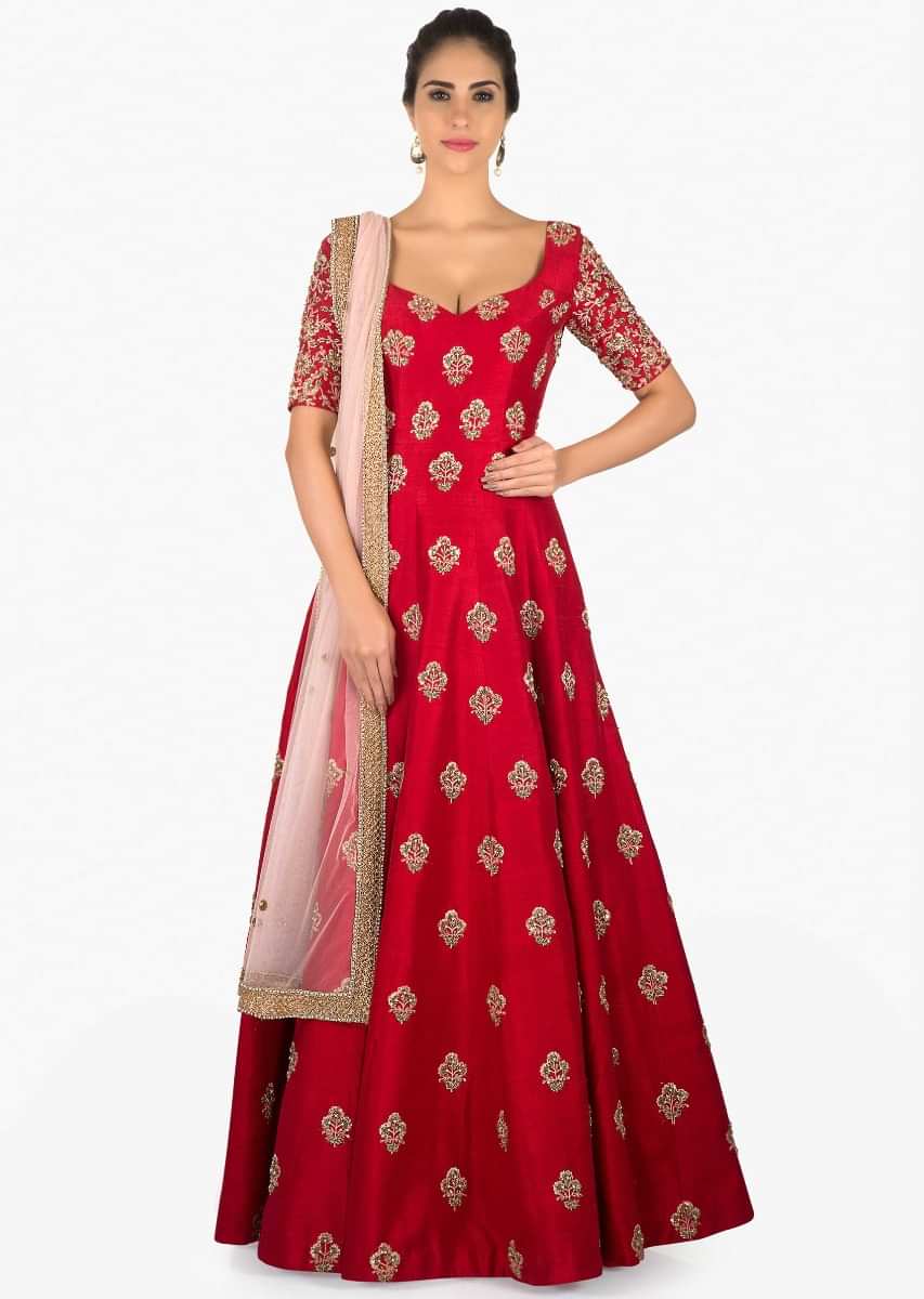 Rani Pink Anarkali Suit In Raw Silk With Sequins Buttis Online - Kalki Fashion