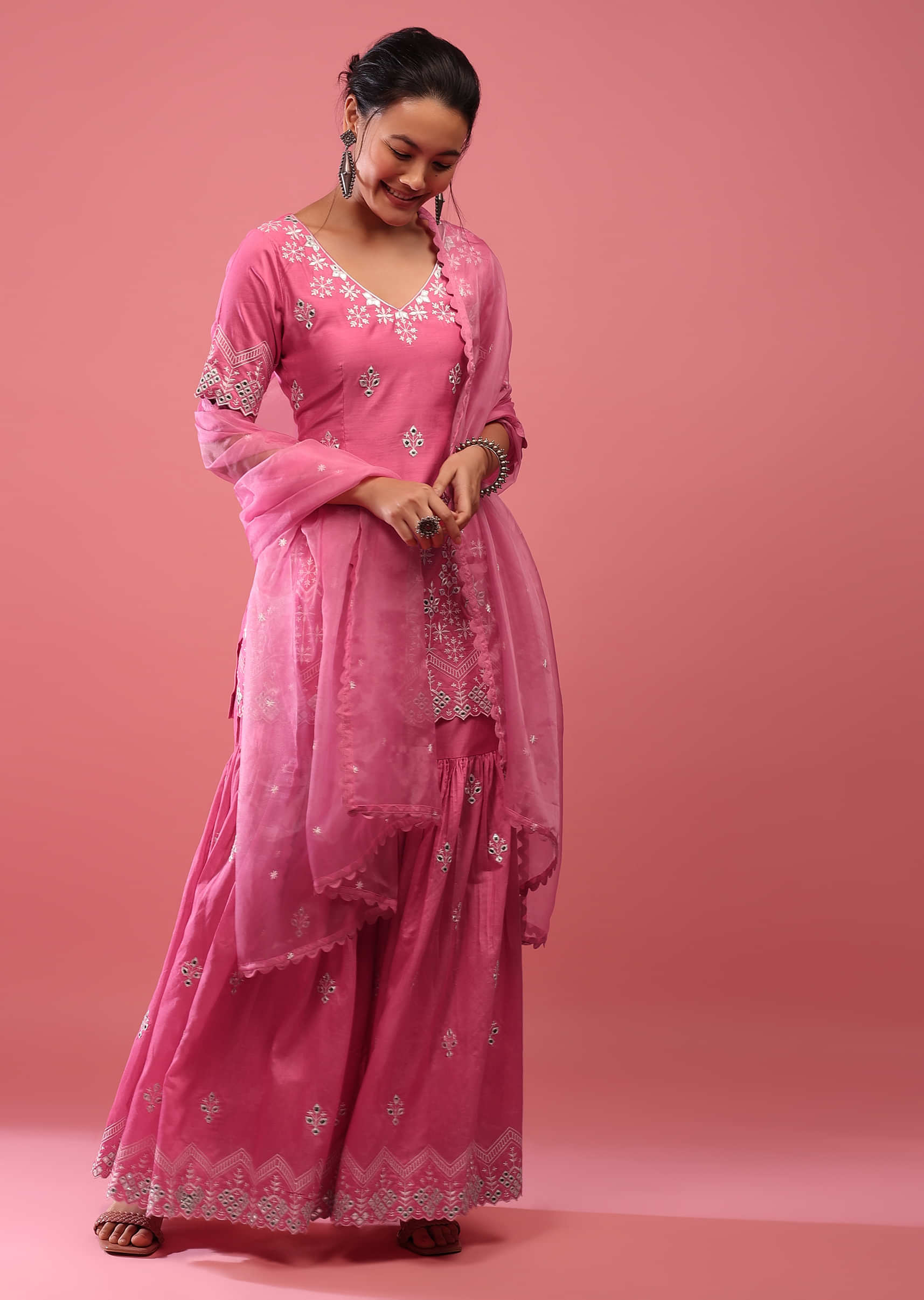 Azalea Pink Lucknowi Sharara Suit In Cotton With Embroidery