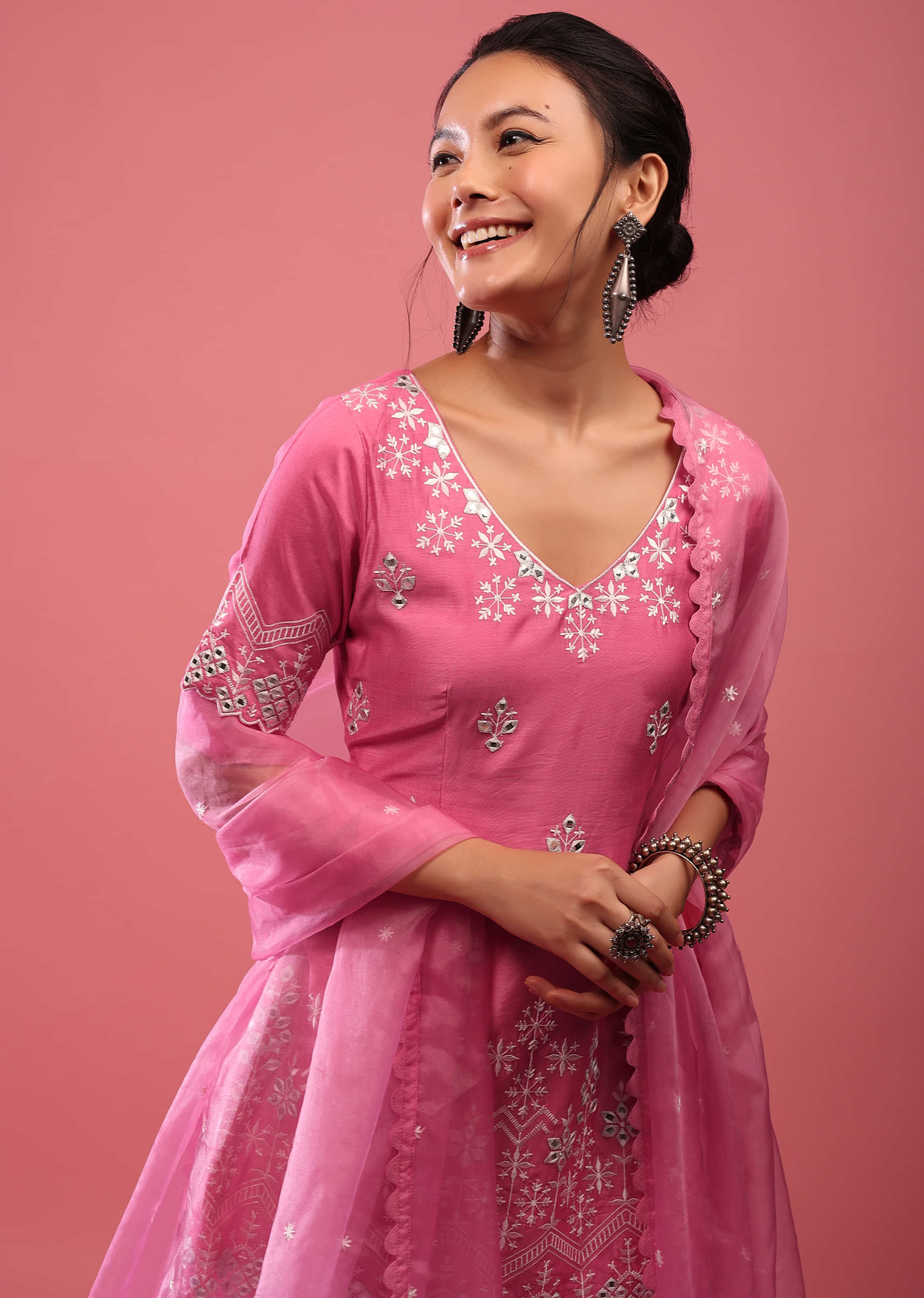 Azalea Pink Lucknowi Sharara Suit In Cotton With Embroidery
