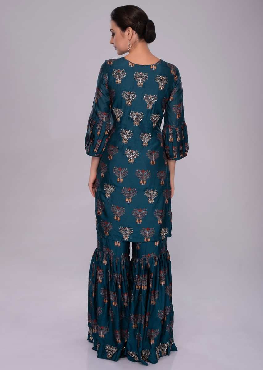 Azure blue cotton silk sharara suit in print and embroidered butti