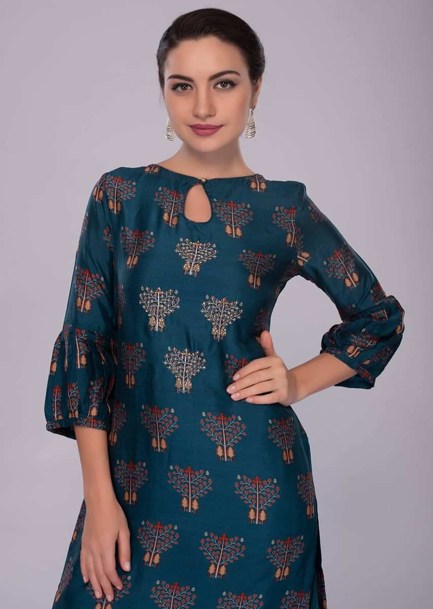 Azure blue cotton silk sharara suit in print and embroidered butti