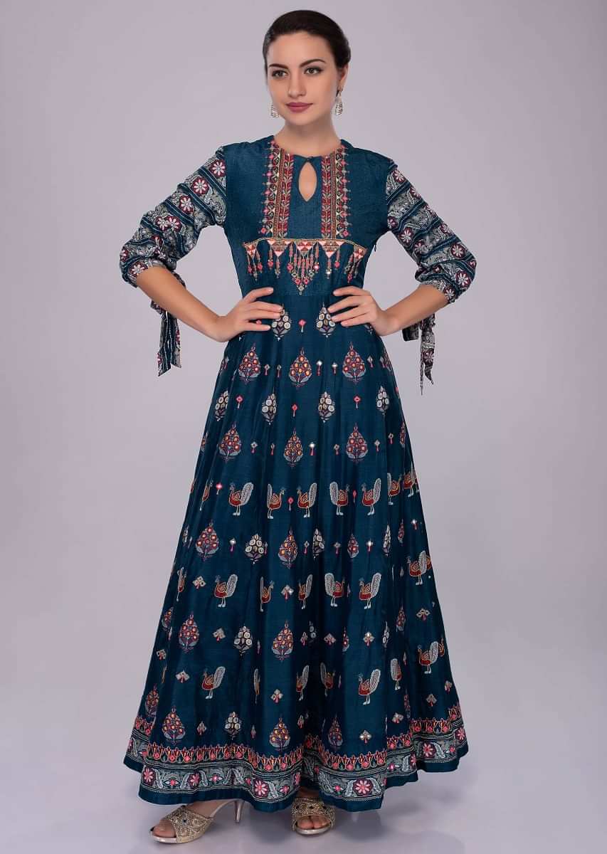 Azure blue cotton tunic dress in self print with resham and abla embroidery 