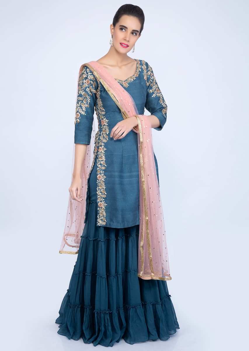 Azure blue embroidered suit with crushed georgette sharara and peach ...