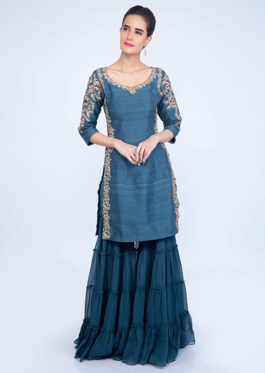 Azure blue embroidered suit with crushed georgette sharara and peach net dupatta only on kalki