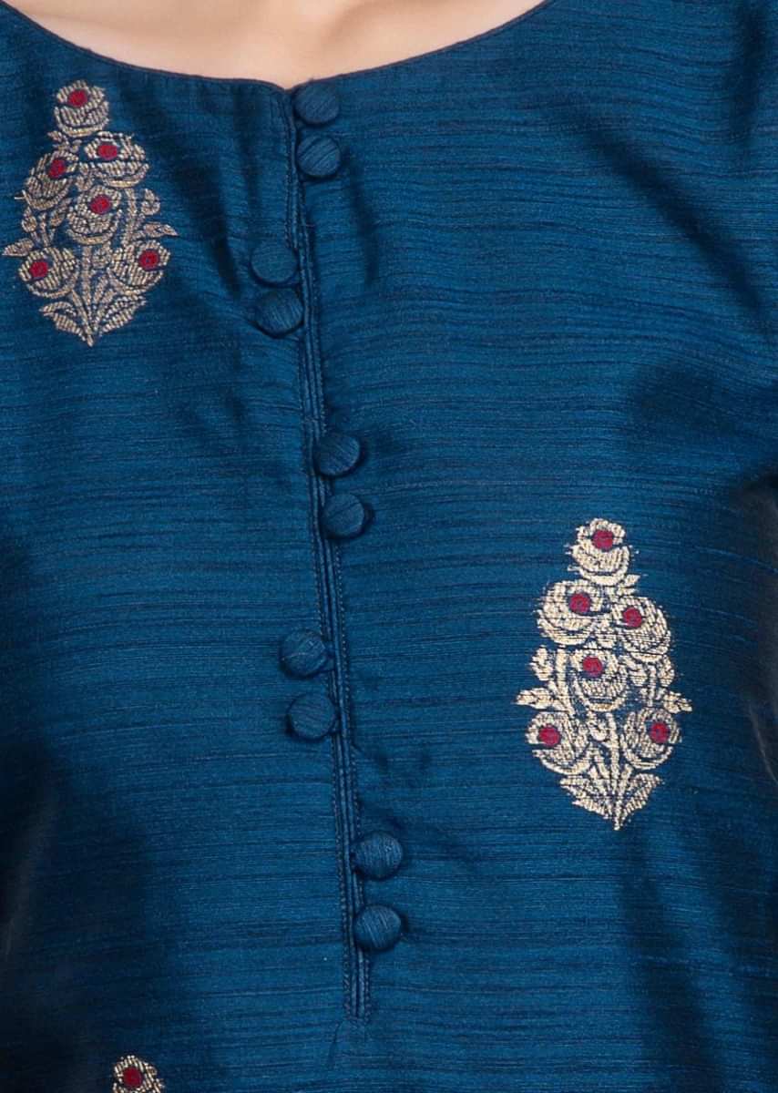 Azure blue raw silk palazzo suit set with red silk weaved dupatta only on Kalki
