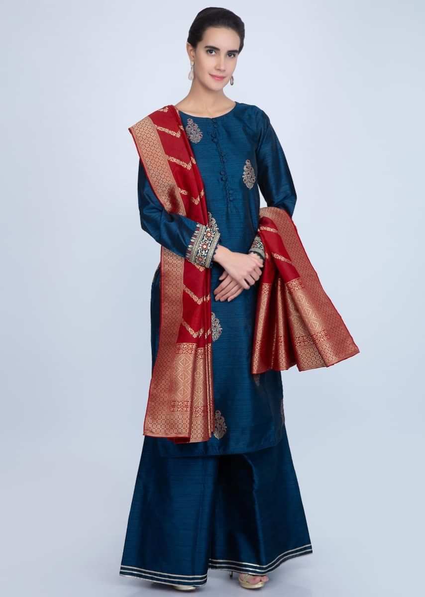Azure blue raw silk palazzo suit set with red silk weaved dupatta only on Kalki