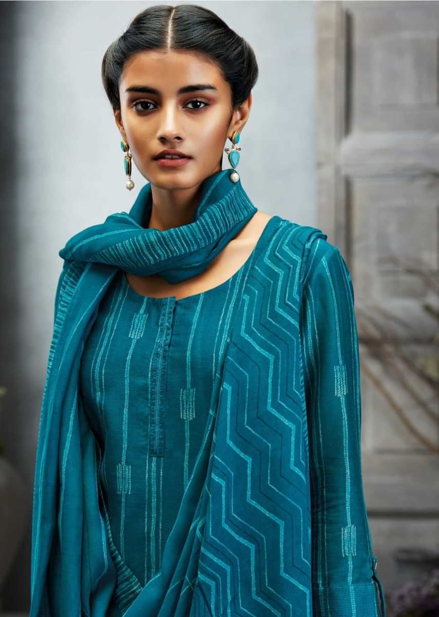 Azure blue unstitched printed suit in cotton silk with sequin embroidered neckline