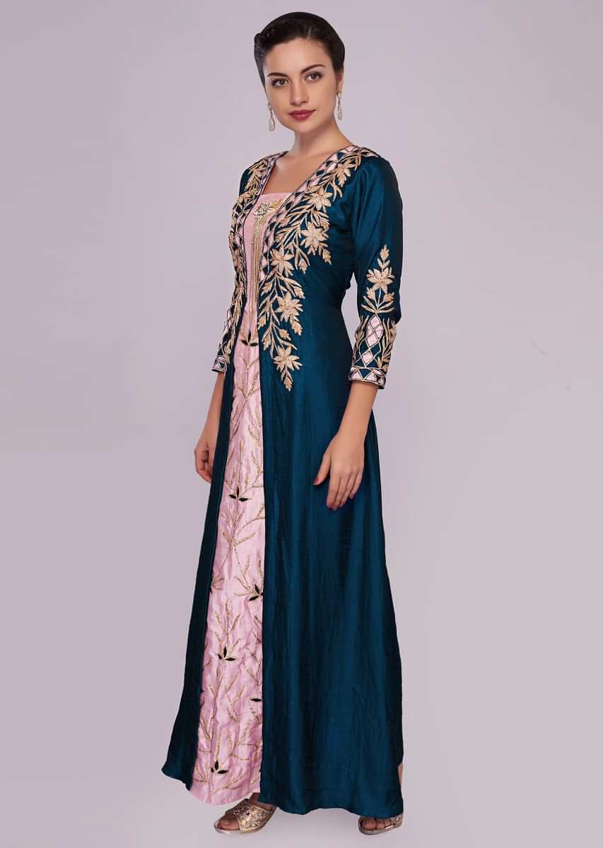 Baby Pink And Peacock Blue Jacket Kurti With Resham And Patch Work Online - Kalki Fashion
