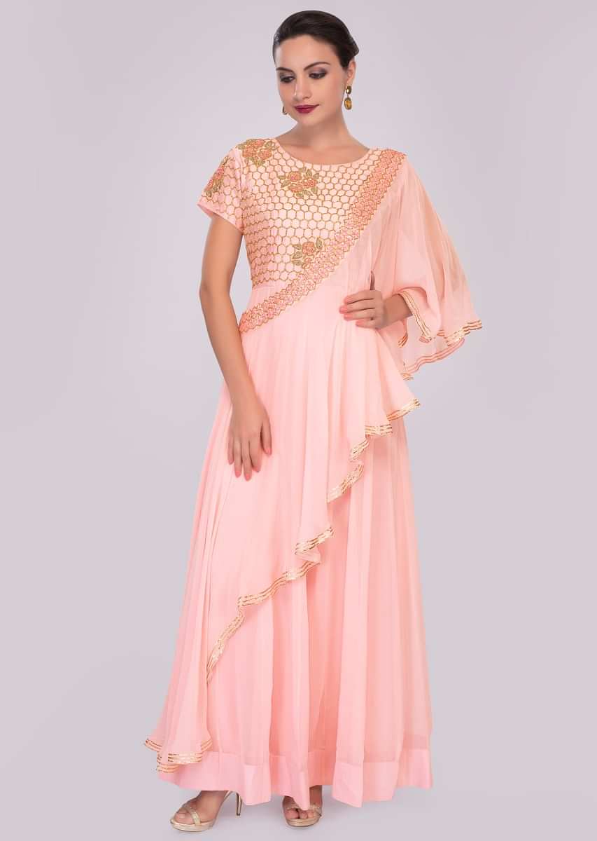 Baby pink cut dana embroidered anarkali dress paired with a pre stitched georgette dupatta 