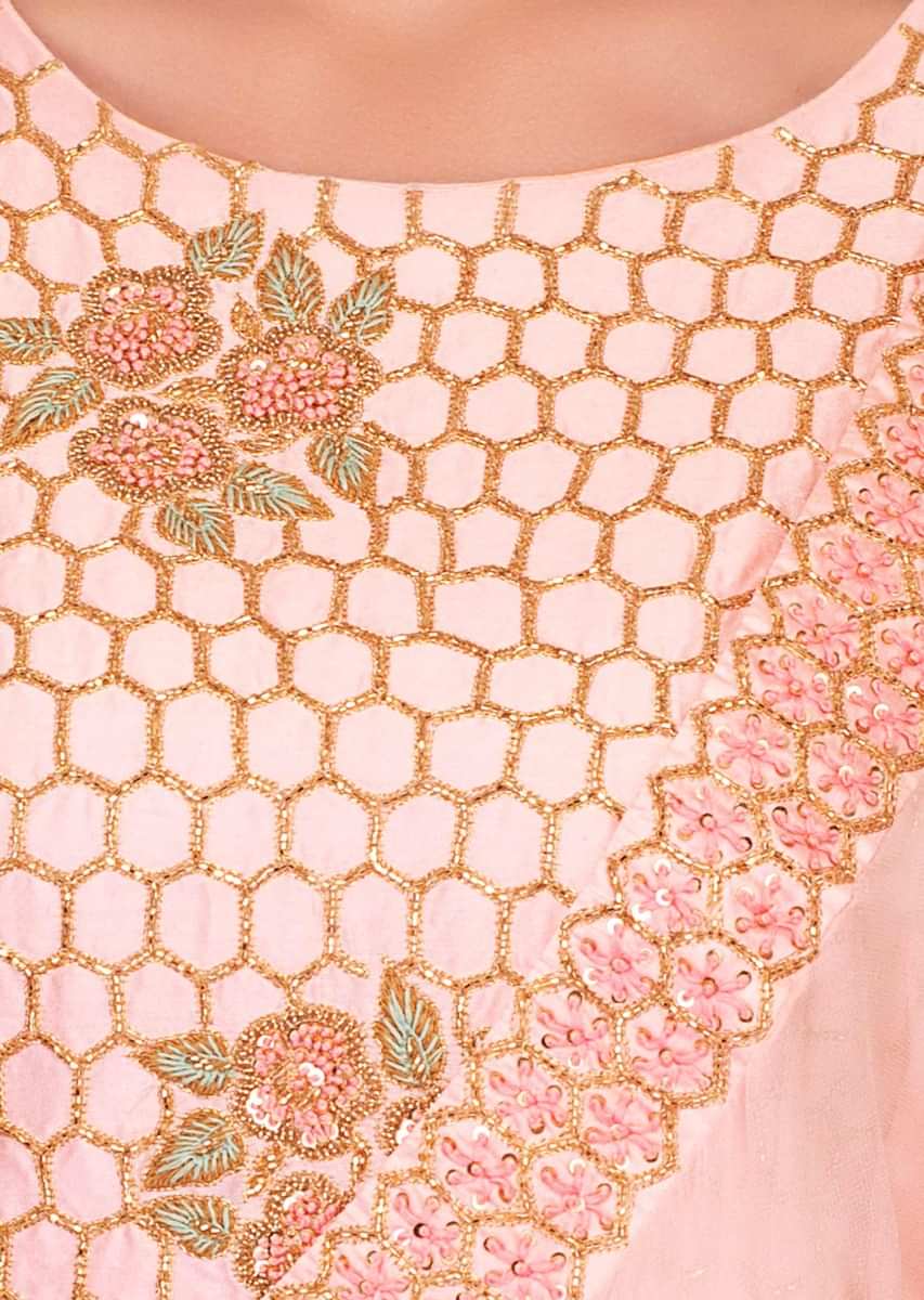 Baby pink cut dana embroidered anarkali dress paired with a pre stitched georgette dupatta 