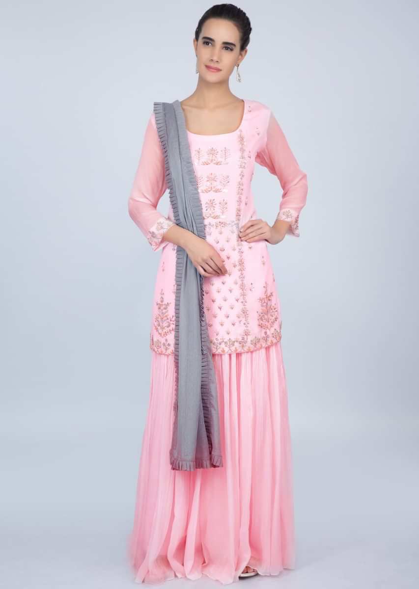 Baby Pink Suit With Embroidery Work And Crushed Palazzo And Pink Dupatta Online - Kalki Fashion