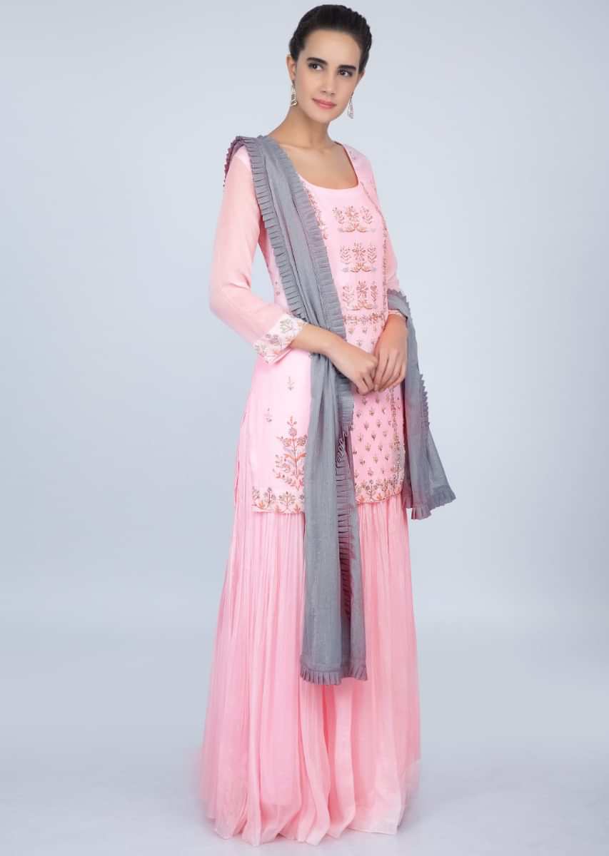 Baby Pink Suit With Embroidery Work And Crushed Palazzo And Pink Dupatta Online - Kalki Fashion