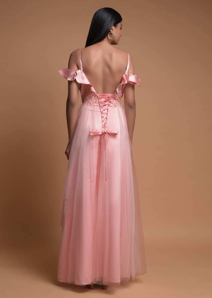 Buy Baby Pink Gown In Satin With Net Layer And Ruffle Cold Shoulder Sleeves  Online - Kalki Fashion