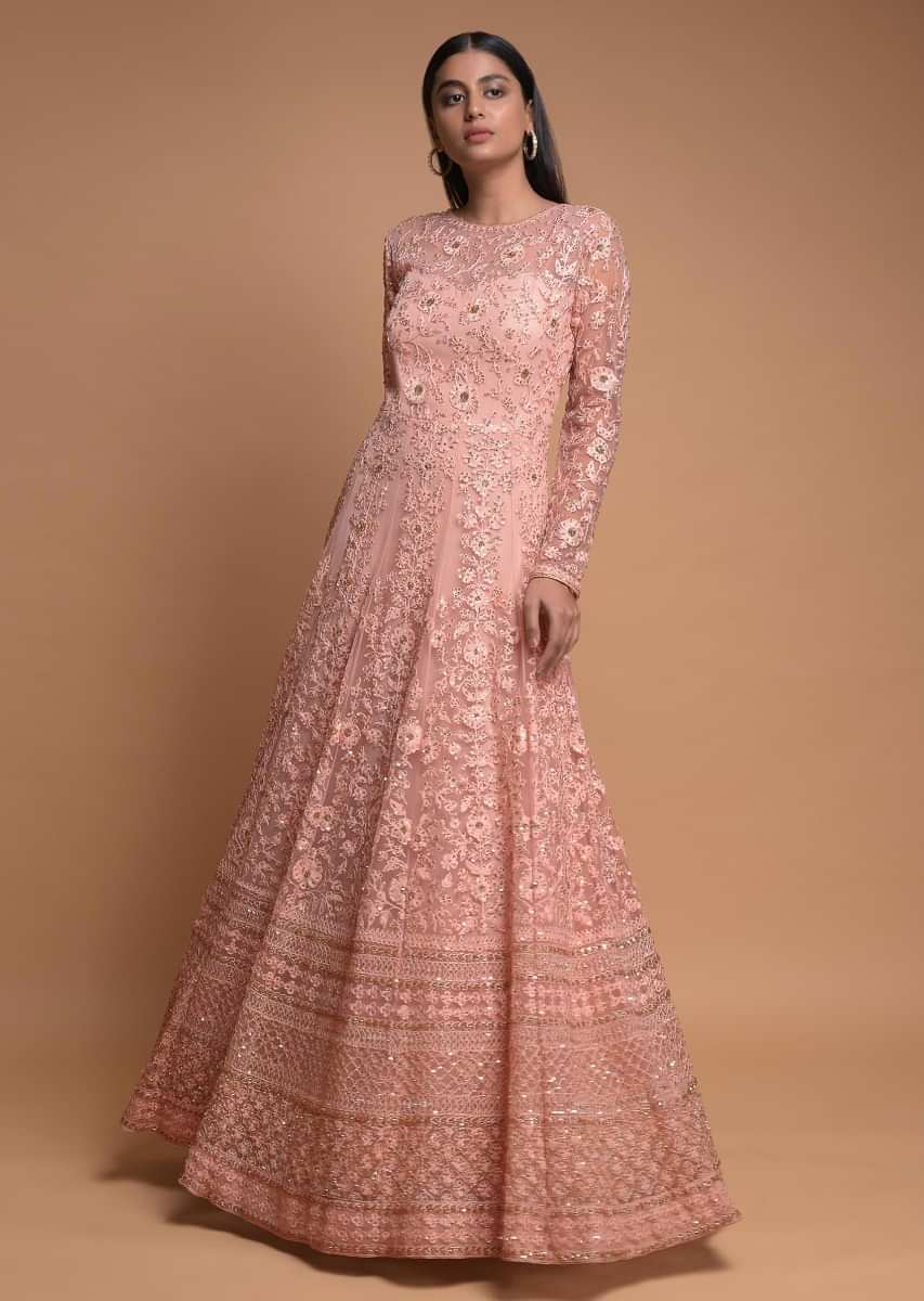 Baby Pink Indowestern suit In Net With Embroidered Floral Jaal And Moroccan Pattern  