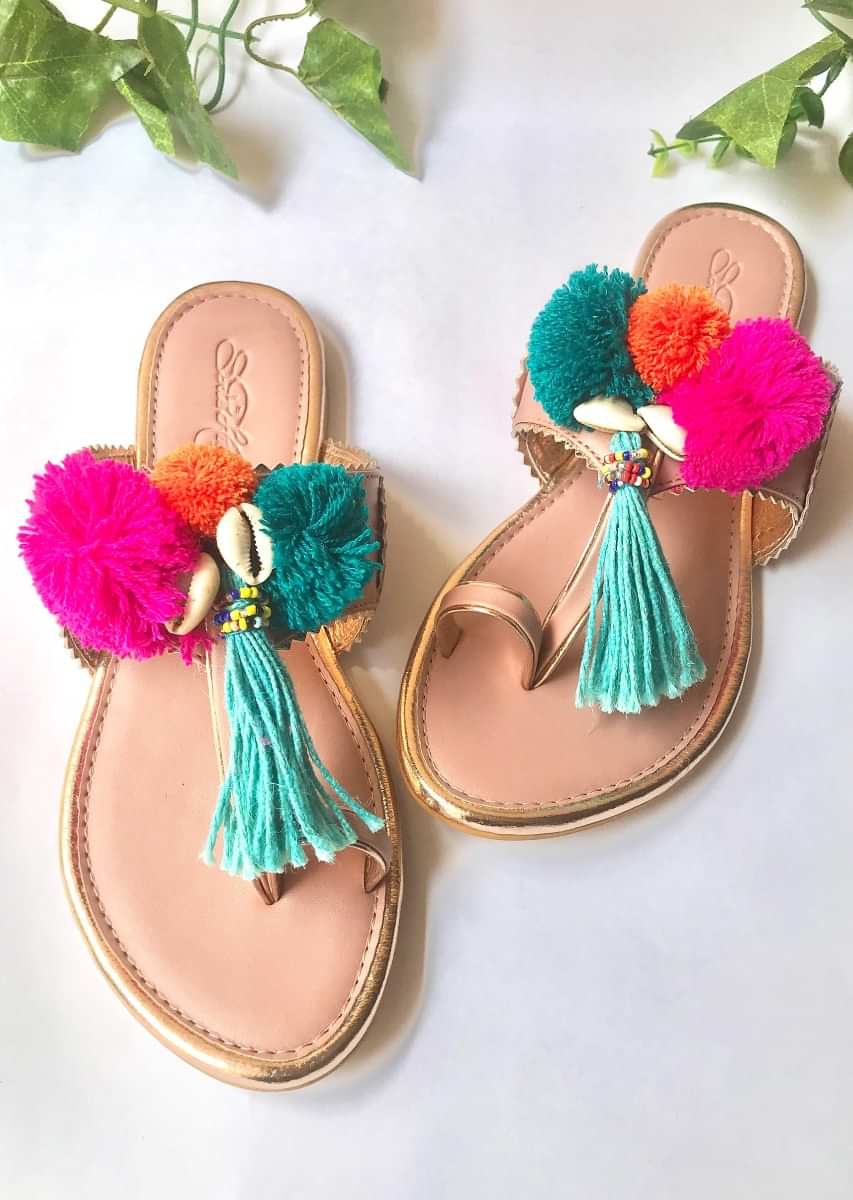 Baby Pink Kolhapuri Flats With Accents Of Multicoloured Pompoms, Shells And Tassels Online By Sole House