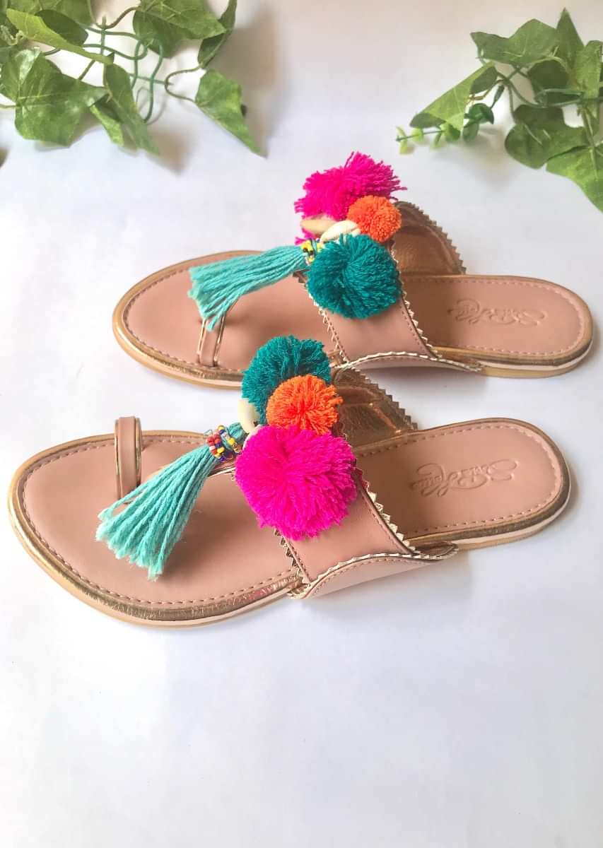 Baby Pink Kolhapuri Flats With Accents Of Multicoloured Pompoms, Shells And Tassels Online By Sole House