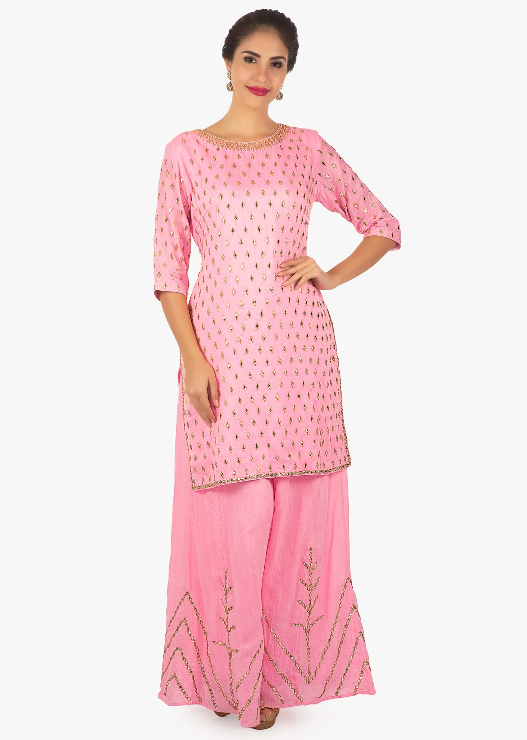 Baby Pink Kurti And Palazzo Embellished With Gotta Patch Work All Over Online - Kalki Fashion