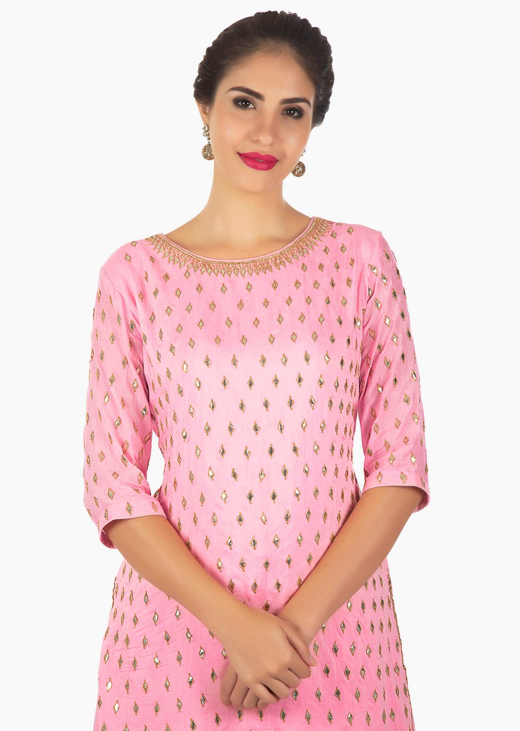 Baby Pink Kurti And Palazzo Embellished With Gotta Patch Work All Over Online - Kalki Fashion