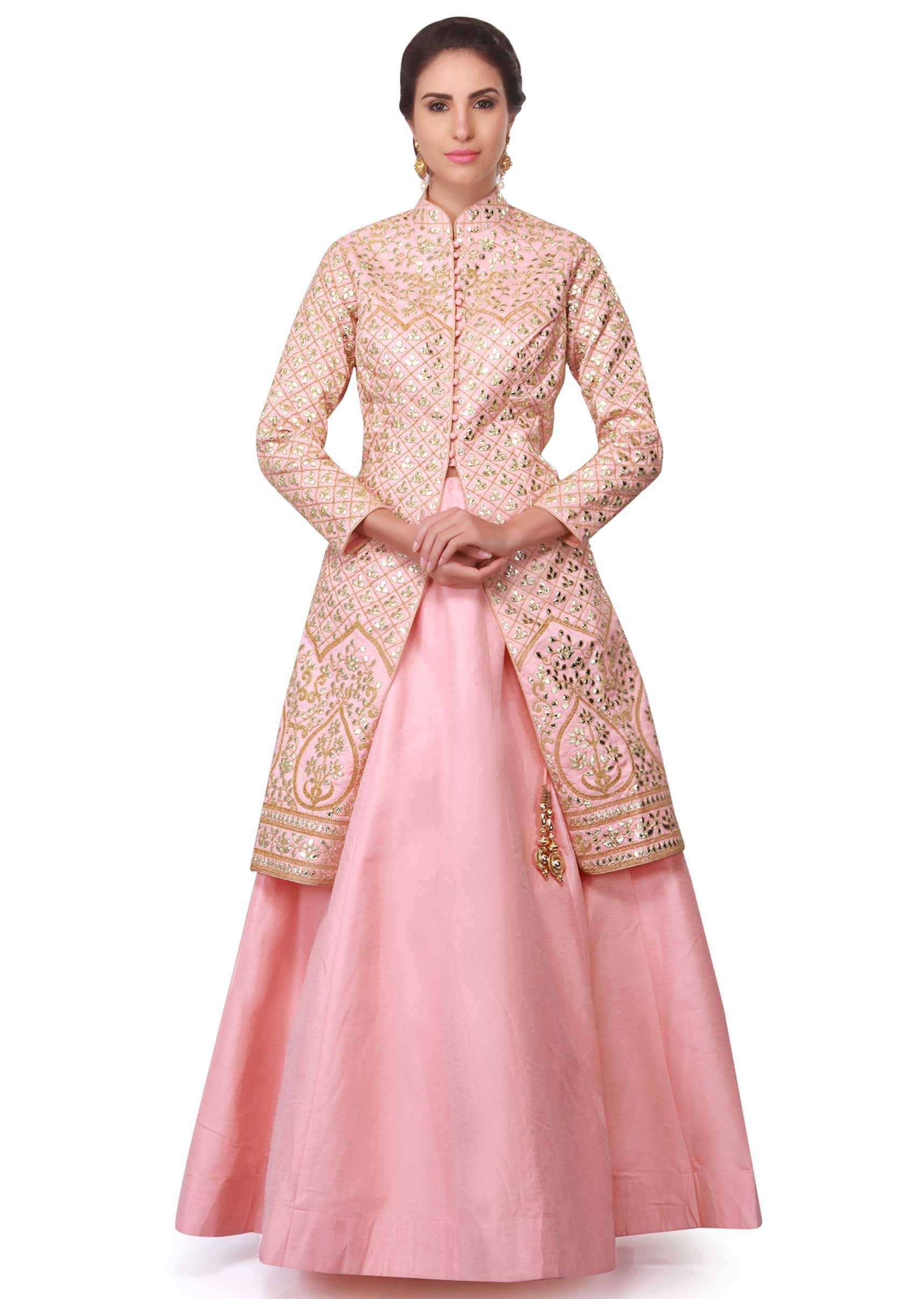 Baby pink lehenga in raw silk with gotta patch embroidered jacket only on Kalki