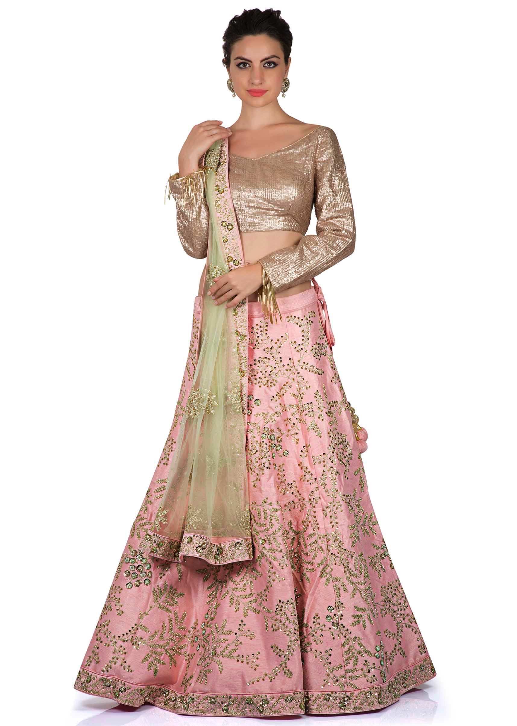 Baby pink lehenga in zari and kundan work with sequin blouse only on Kalki