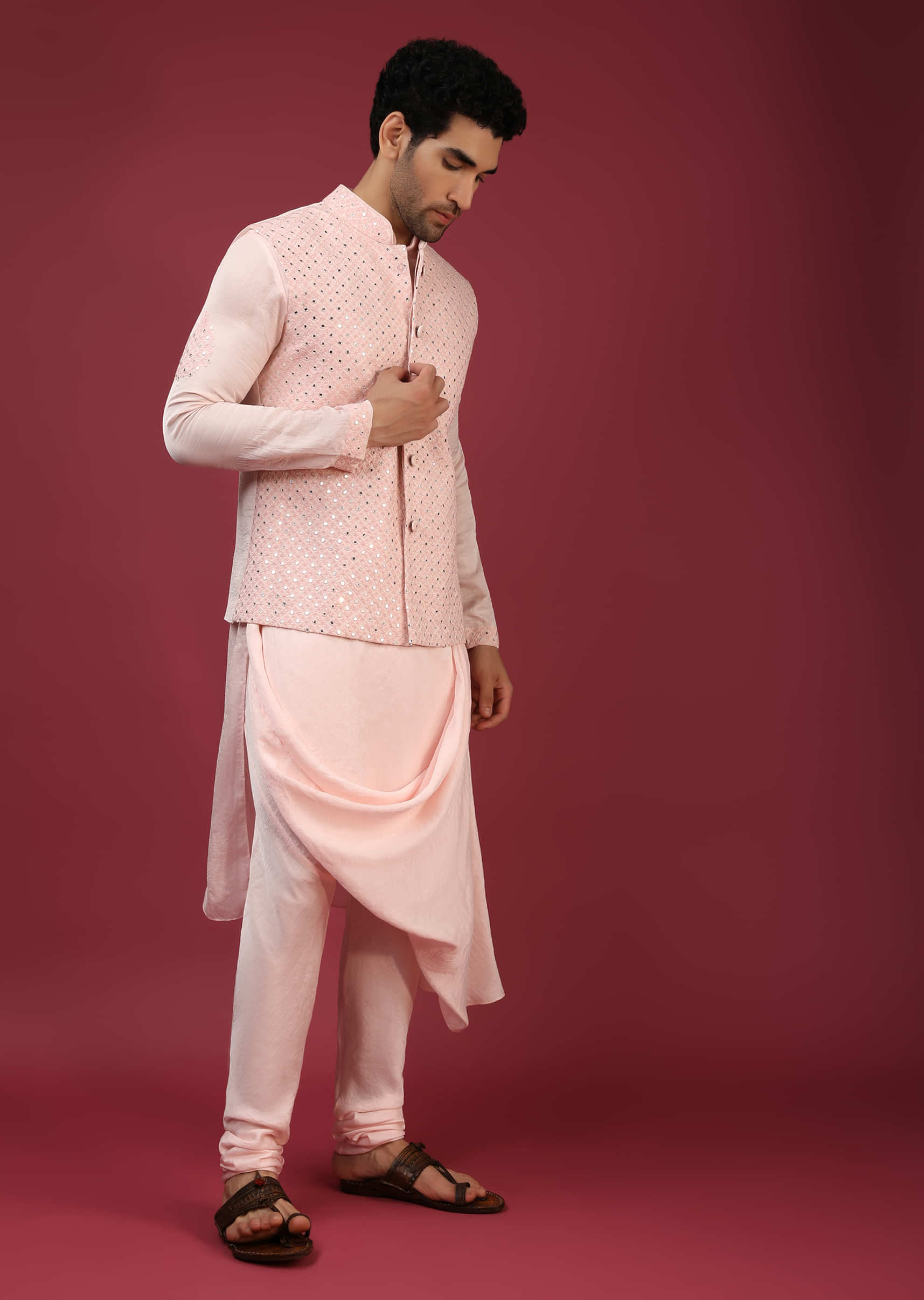 Baby Pink Nehru Jacket And Kurta Set With Thread And Mirror Abla Embroidered Jaal  