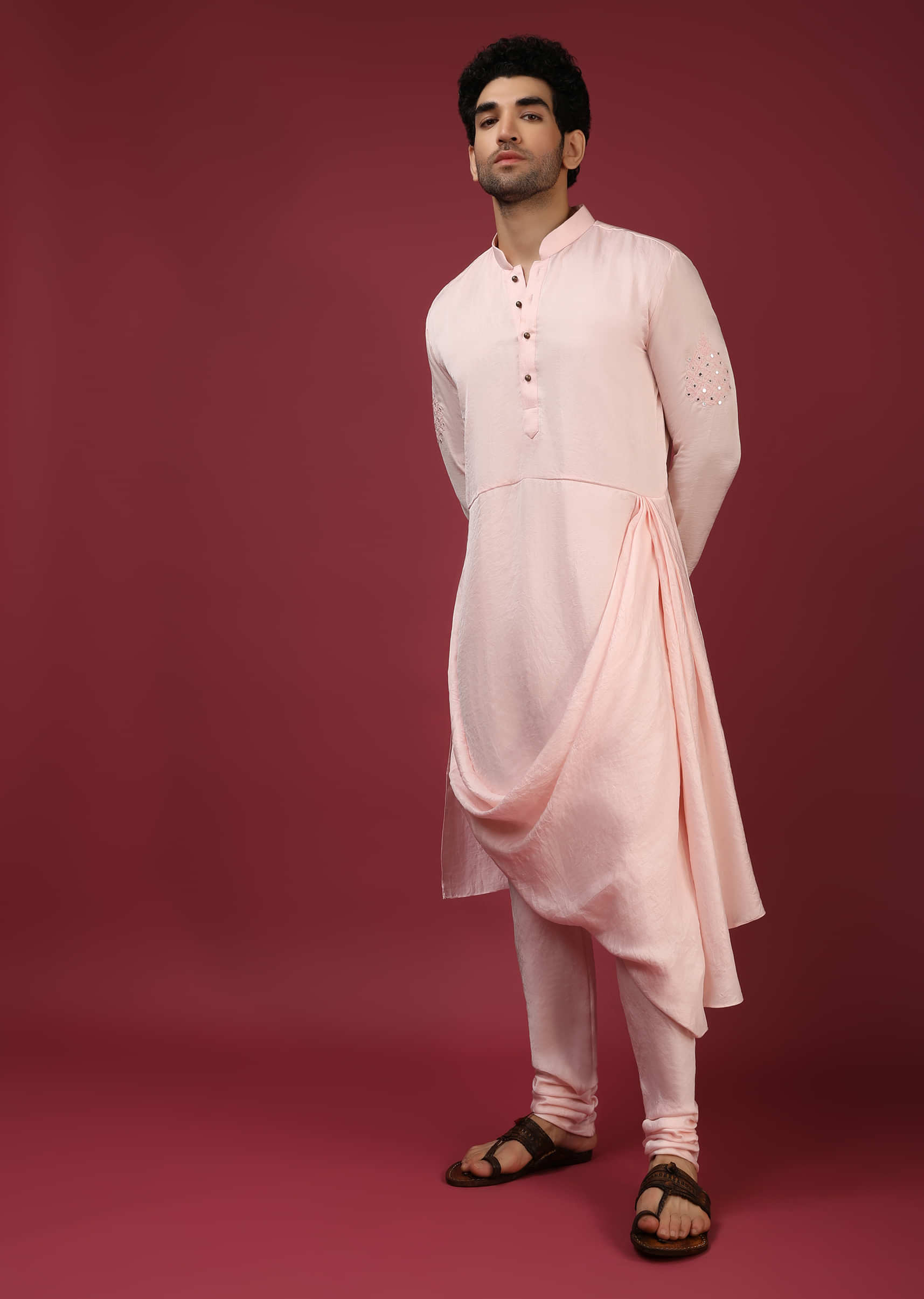 Baby Pink Nehru Jacket And Kurta Set With Thread And Mirror Abla Embroidered Jaal  