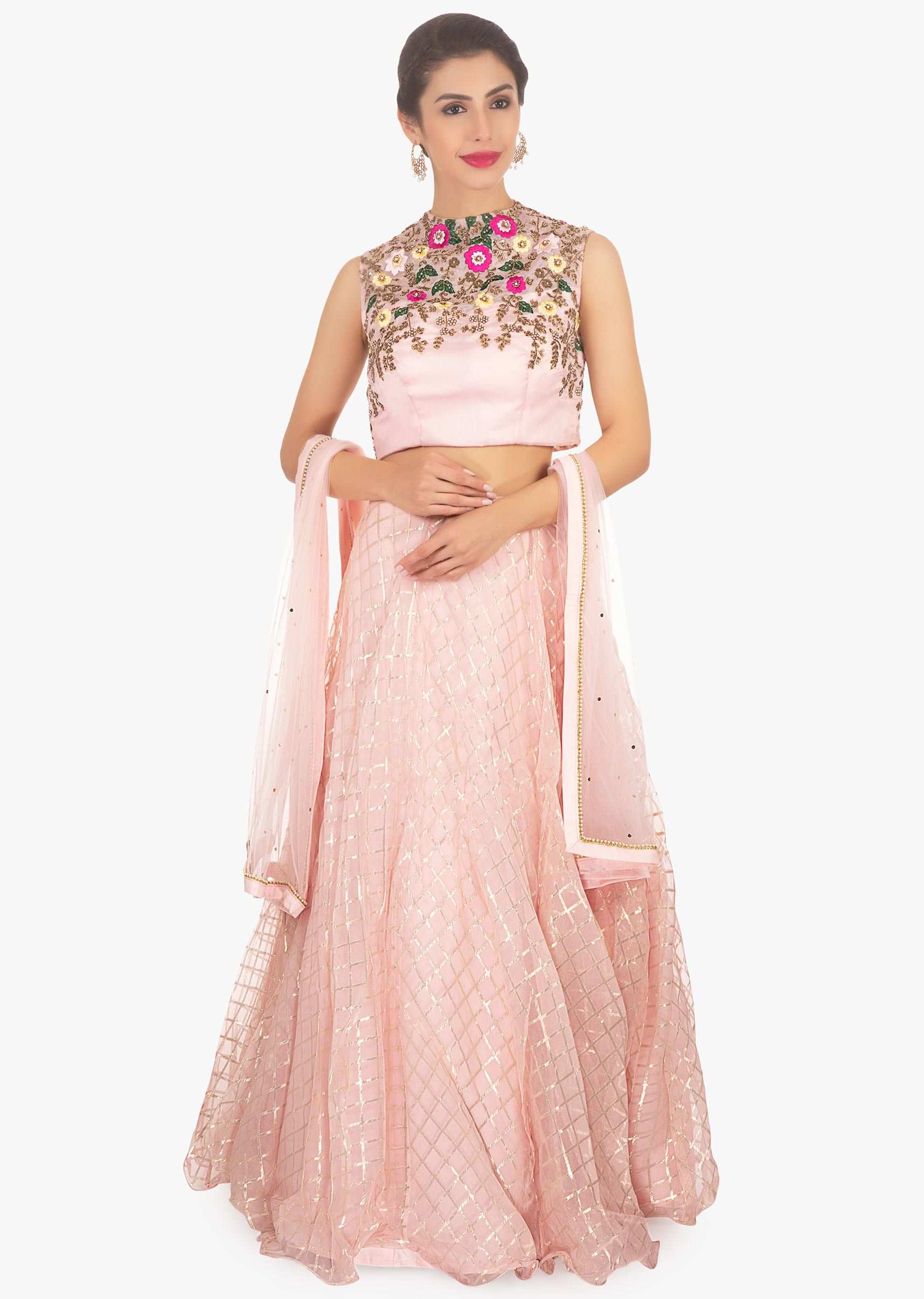 Baby pink organza lehenga set with matching net dupatta