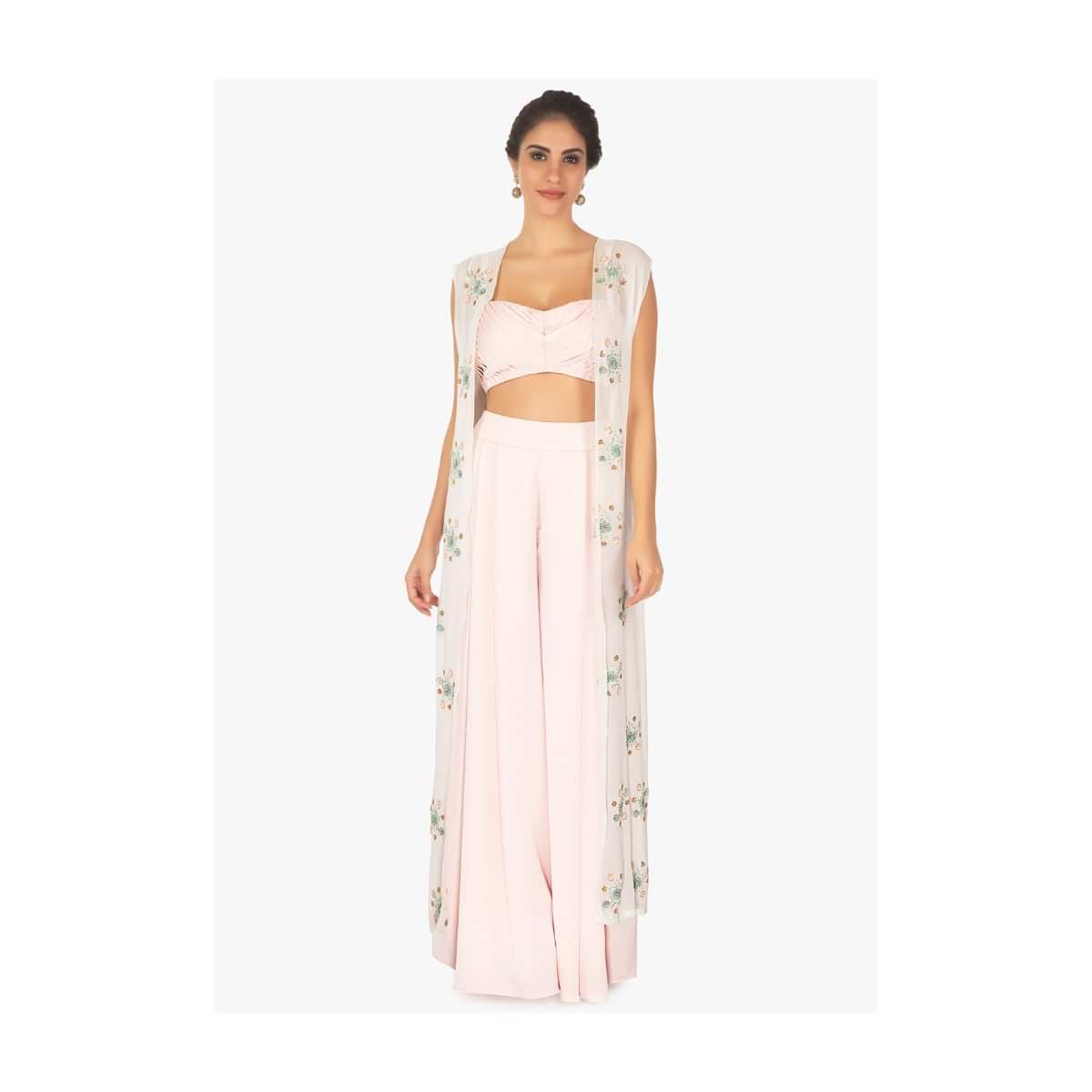 Baby Pink Palazzo Pant And Crop Top Paired With A Blue Overlay Long Jacket Online - Kalki Fashion