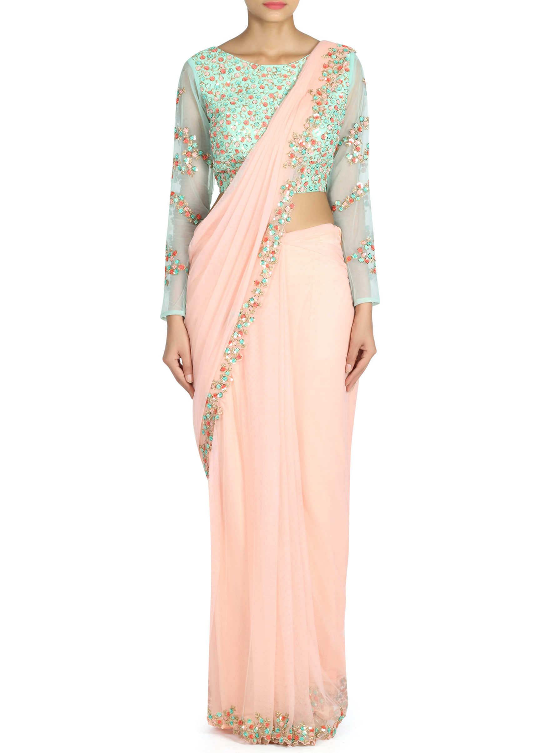 Breezy pink saree gown in pre stitched pallav only on Kalki