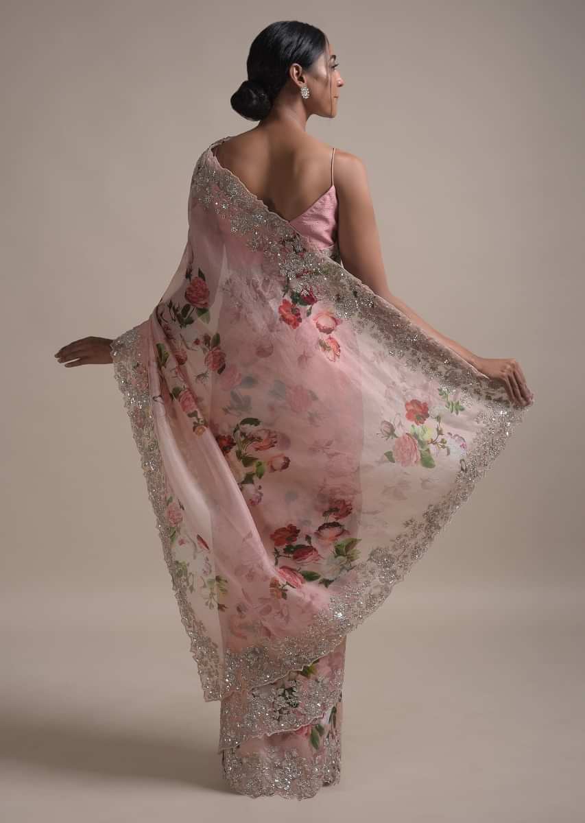Baby Pink Saree In Organza With Floral Print Along With Sequins And Cut Dana Embellished Border