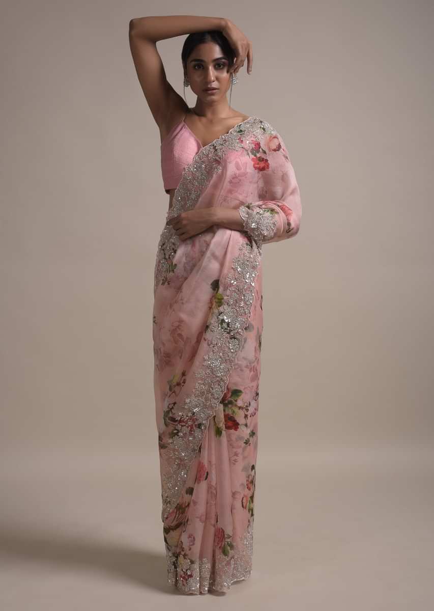 Baby Pink Saree In Organza With Floral Print Along With Sequins And Cut Dana Embellished Border