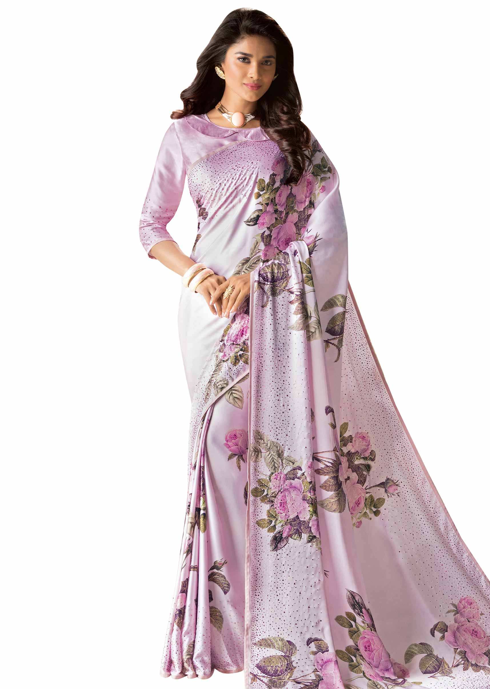Baby pink saree in satin with roe motif digital print 