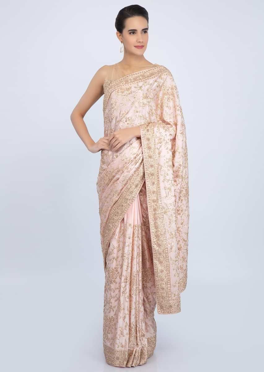 Baby Pink Saree In Satin With Floral Embroidered Jaal Work Online - Kalki Fashion