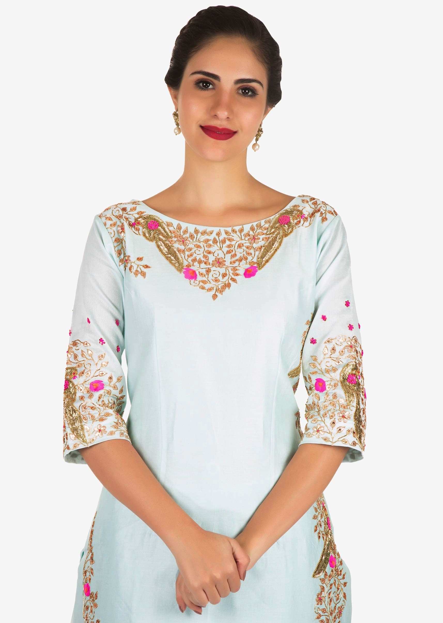 Baby blue palazzo suit embellished in gotta patti and cut dana embroidery work only on Kalki