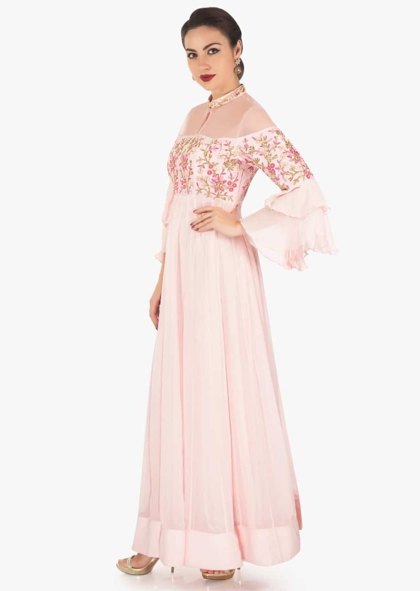 Baby pink anarkali gown in georgette with resham and cut dana embroidered bodice only on Kalki