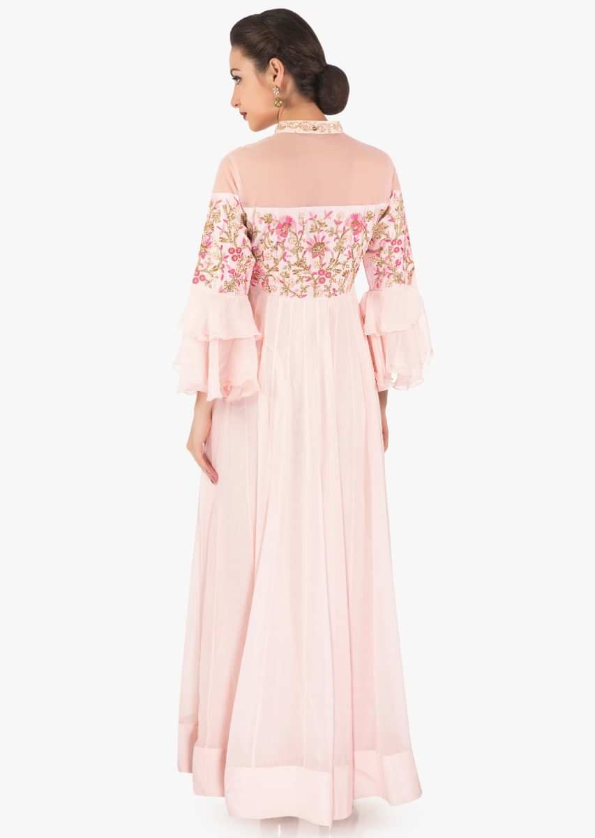 Baby pink anarkali gown in georgette with resham and cut dana embroidered bodice only on Kalki