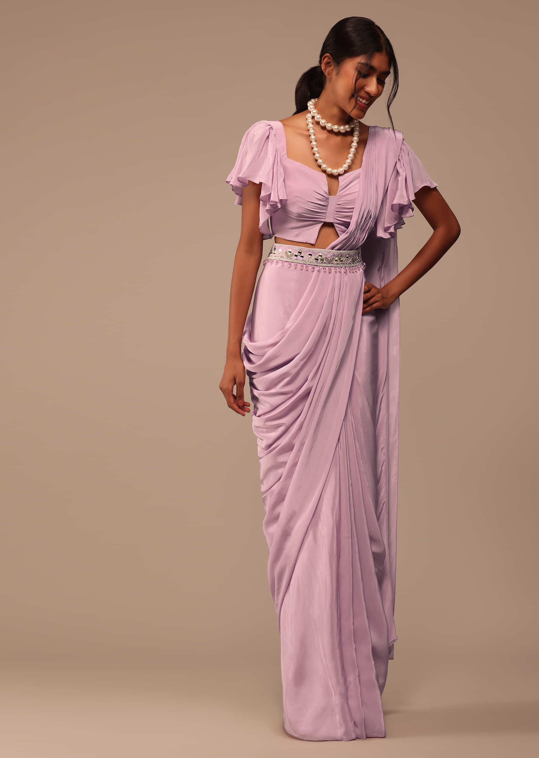 Baby Pink Crepe Saree With Fancy Bow Shaped Blouse And Belt