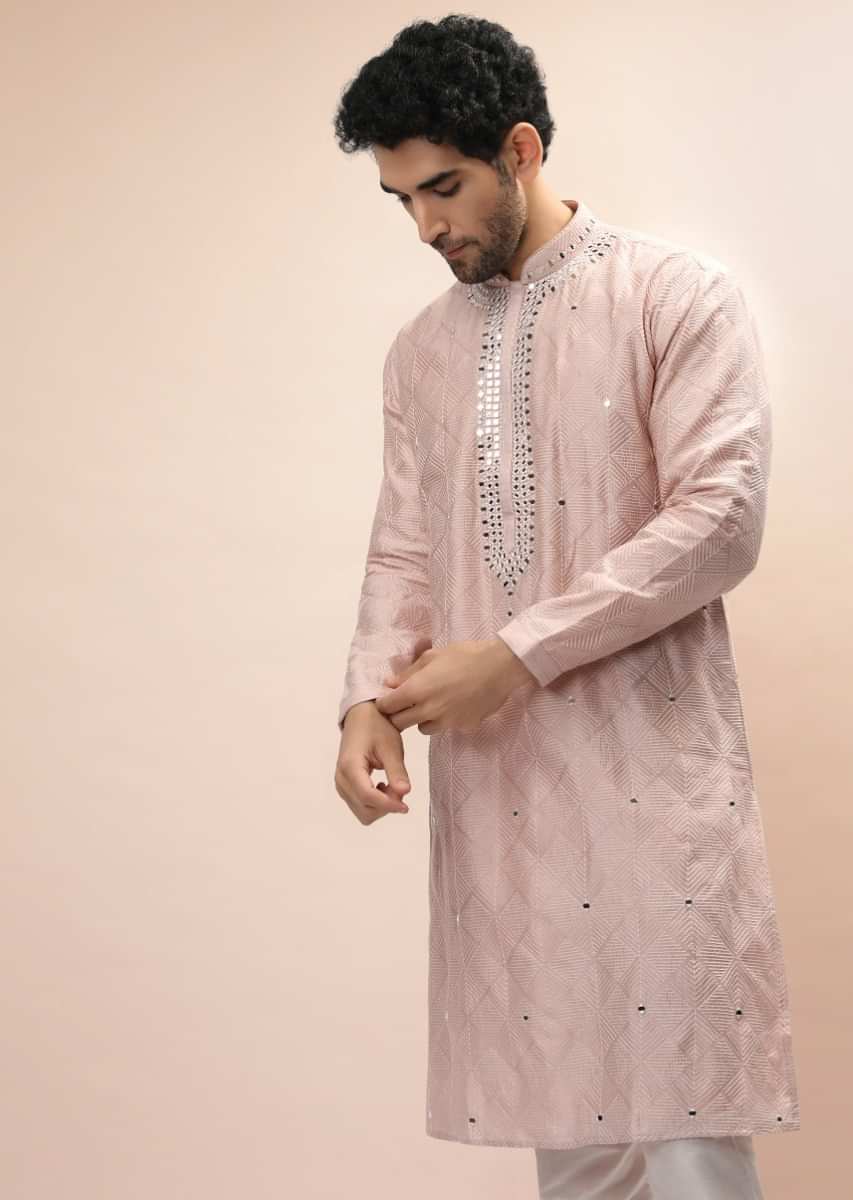 Baby Pink Kurta Set In Silk With Thread Embroidered Geometric Jaal And Mirror Buttis  