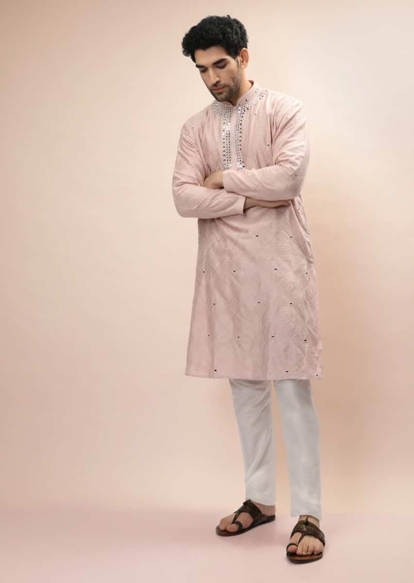 Baby Pink Kurta Set In Silk With Thread Embroidered Geometric Jaal And Mirror Buttis  
