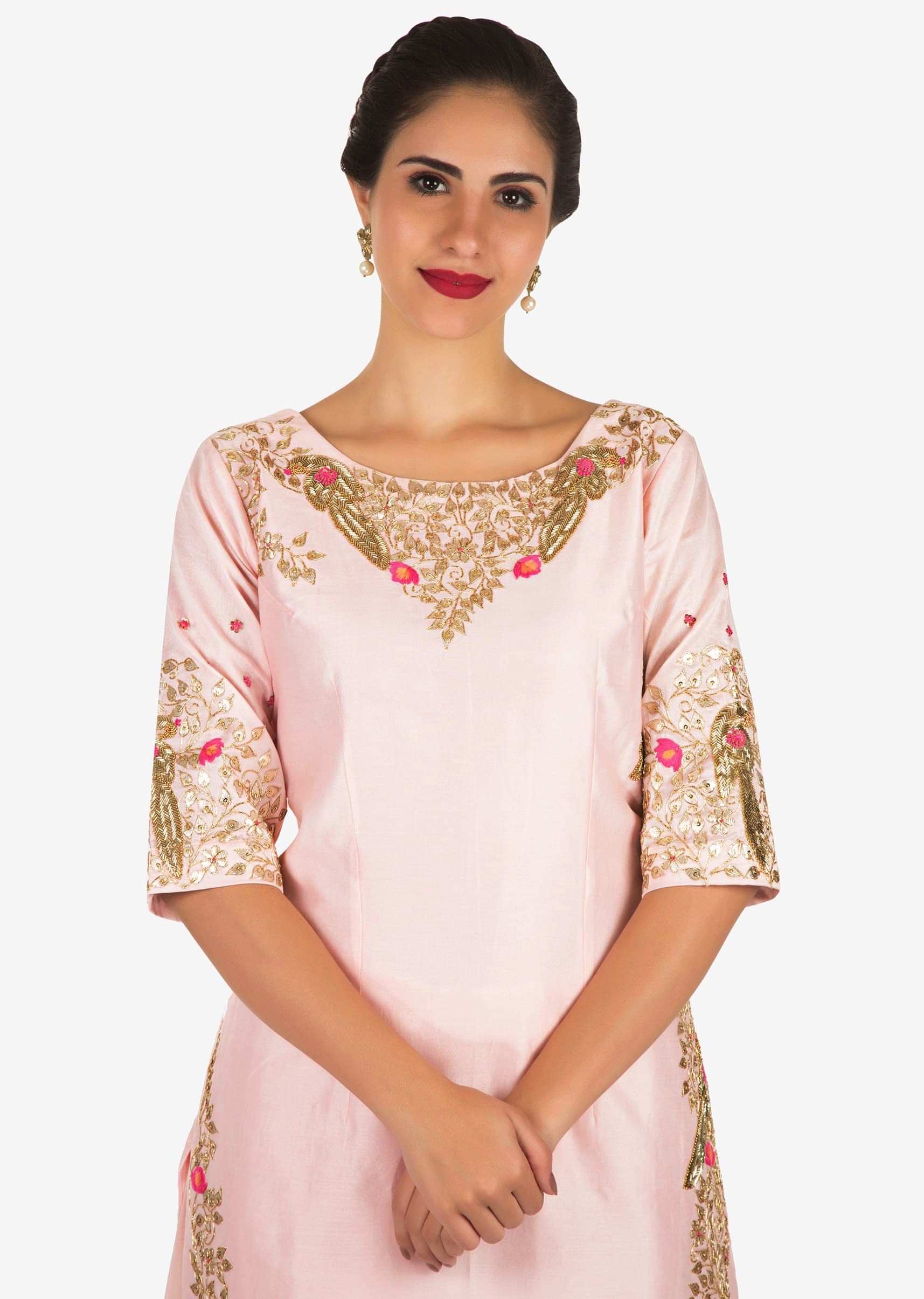 Baby Pink Palazzo Suit Embellished In Gotta Patti And Cut Dana Embroidery Work Online - Kalki Fashion