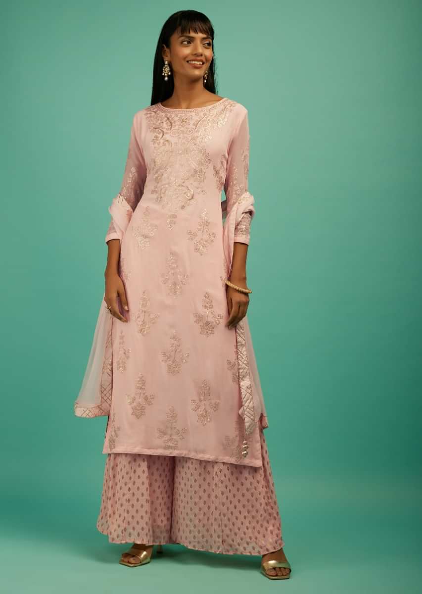 Baby Pink Palazzo Suit In Georgette With Zari Embroidered Floral Motifs And Brocade Buttis On The Pants  