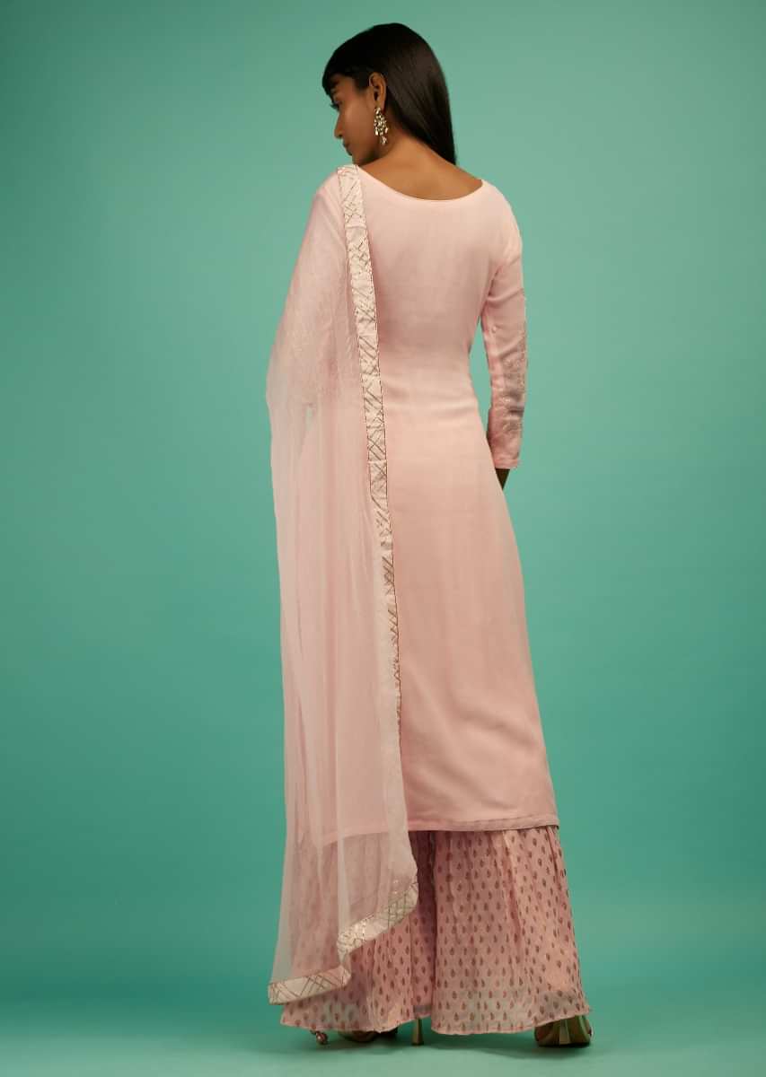 Baby Pink Palazzo Suit In Georgette With Zari Embroidered Floral Motifs And Brocade Buttis On The Pants  